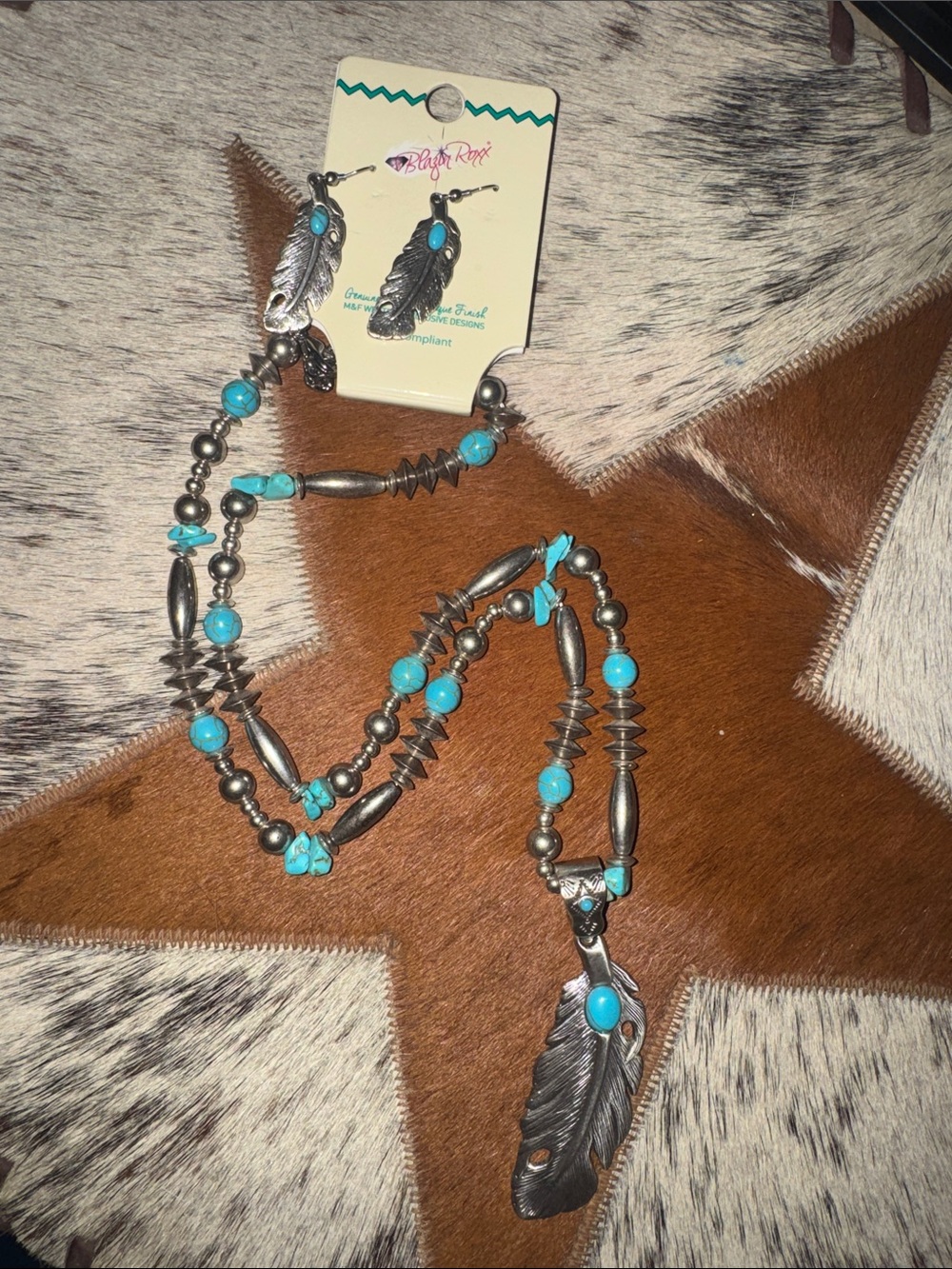 Blazin Roxx Silver-Tone Necklace with Turquoise Beads & Feather Pendant